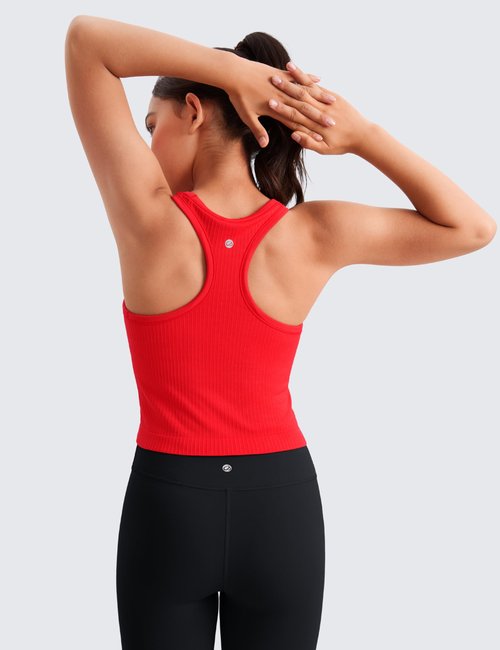 CRZ YOGA Girls Seamless Ribbed Longline Sports Bra - Yoga Athletic Casual Tops High Neck Racerback Padded Kids Teen Deep Red Medium