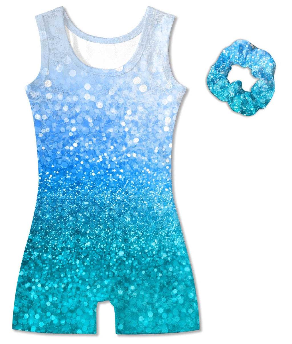 Vogseek Gymnastic Leotards for Girls 4 5 Years Blue Spakle Dots Dance Leotards with Matching Scrunchie 2 Piece Quick Dry Sleeveless Classic Athletic Outfits
