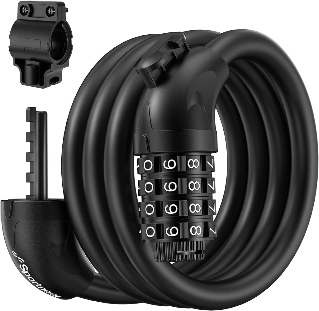 Sportneer Bike Lock - 4-Digit Combination, Weatherproof 12mm Heavy Duty Steel | 4ft Cable for Bicycles & Scooters