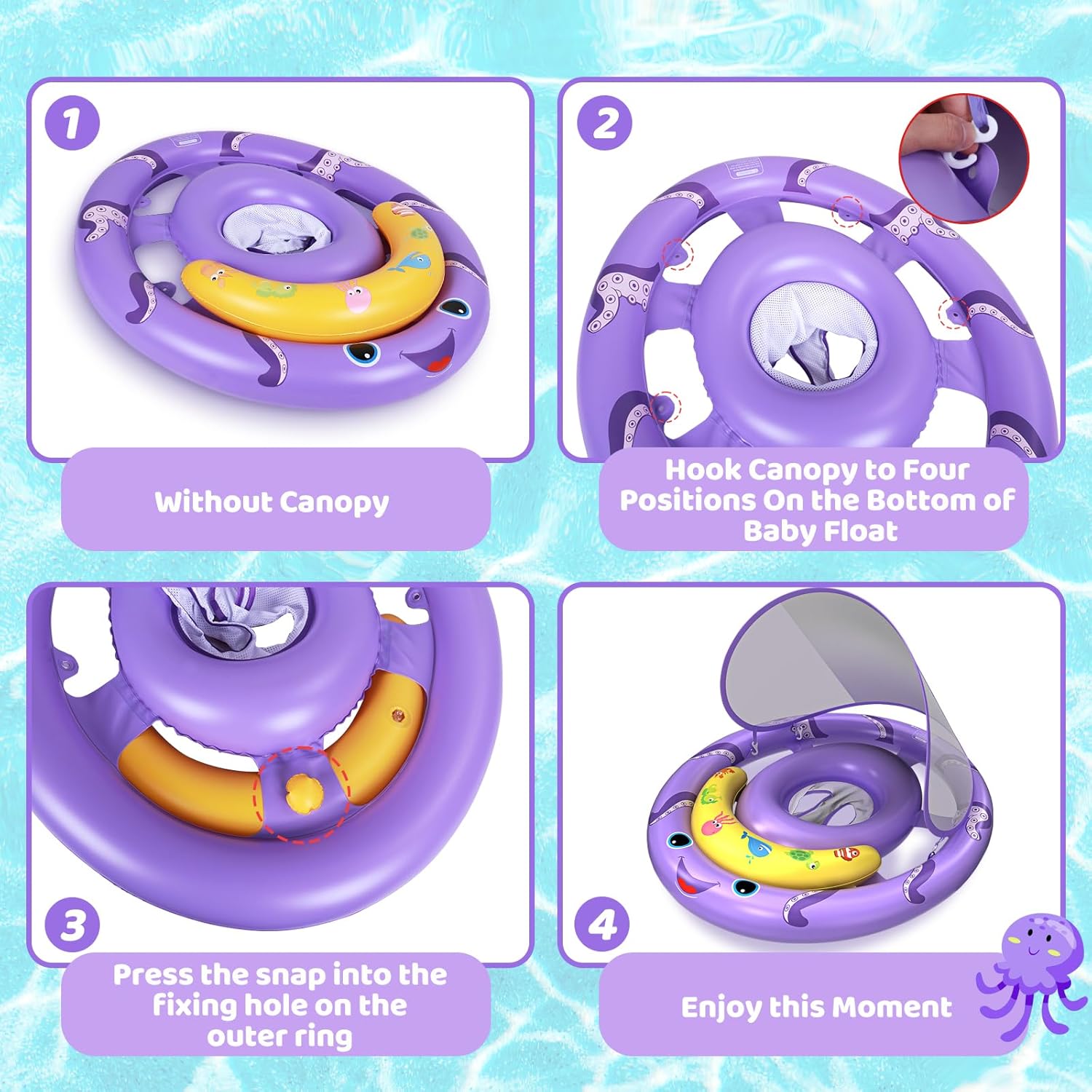 Skiennix Baby Pool Float - Removable UPF50+ Sun Protection Canopy | Extra Wide Octopus Design for 6-24 Months