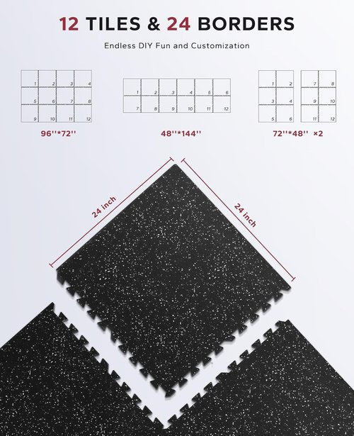 HAPBEAR Exercise Equipment Mats - 12 Pcs High-Density Rubber Interlocking Tiles | 48 Sq Ft, 24x24in Heavy-Duty Treadmill Mat for Home Gym