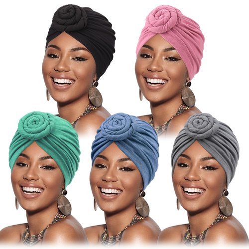 DRESHOW 5 Pack Knotted Headwraps for Women African Turban Pre-Knotted Beanie Headwraps Hair Covers