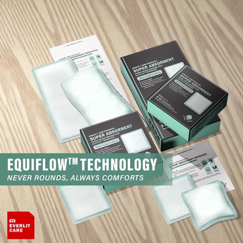 EVERLIT CARE EquiFlow Super Absorbent Dressing for Heavily Exuding Wound | Fast-Absorbing Non-Adhesive Polymer Dressing with Nonstick Gauze Pad | High Absorption & Retention | Pack of 10 (4" x 8")