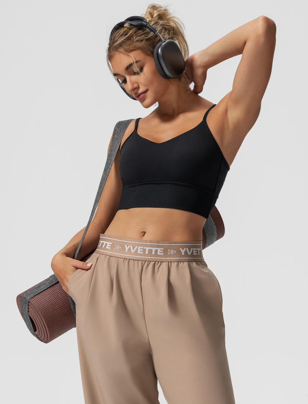 Yvette Adjustable Spaghetti Straps V Back Sports Bras for Women Light Support Padded Wireless Yoga Bra Cropped Tank Top,Black,M