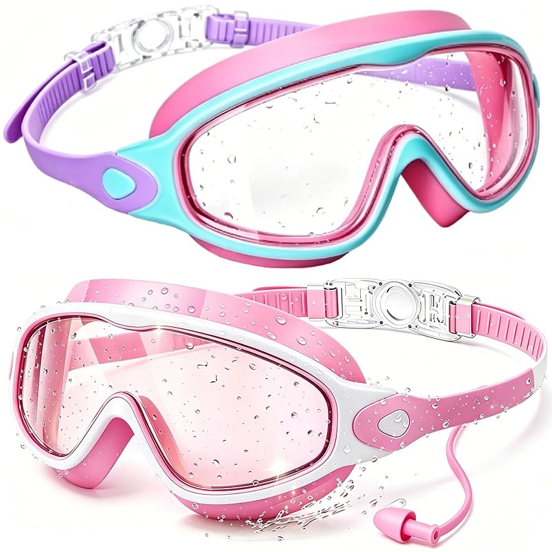 Kids Swim Goggles Anti-Fog Panoramic 180° View for Girls & Boys 3-16 – Pink/Green & Pink/White