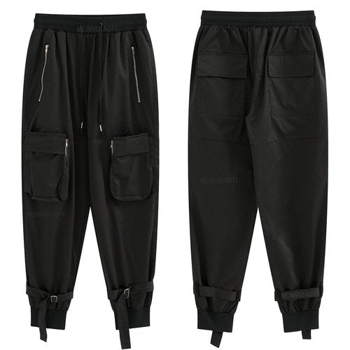 MEINVQIAOTI Black Cargo Pants Women Loose Chained Pants Multi-Pocket Multi-Zip Punk Goth Pants(Black&White,XL)