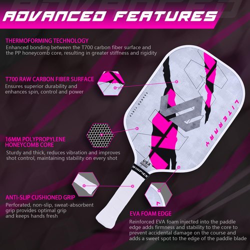 WINPICK Carbon Fiber Pickleball Paddle, T700 Thermoformed Pickleball Racket for Spin, Power & Control, with Foam Injected Walls, 16mm Polypropylene Honeycomb Core, Comfort Grip