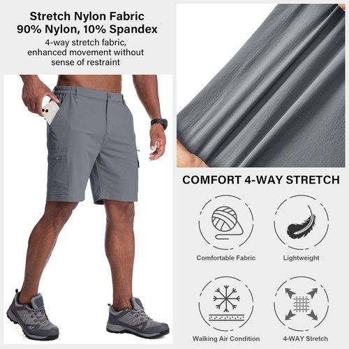 Jessie Kidden Men's Lightweight Water-Resistant Fishing & Hiking Shorts - Expandable Waist, Quick Dry