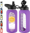 CIVAGO 32 Oz Glass Water Bottle - Motivational Sports Flask with Straw, Handle & Time Marker | Lilac