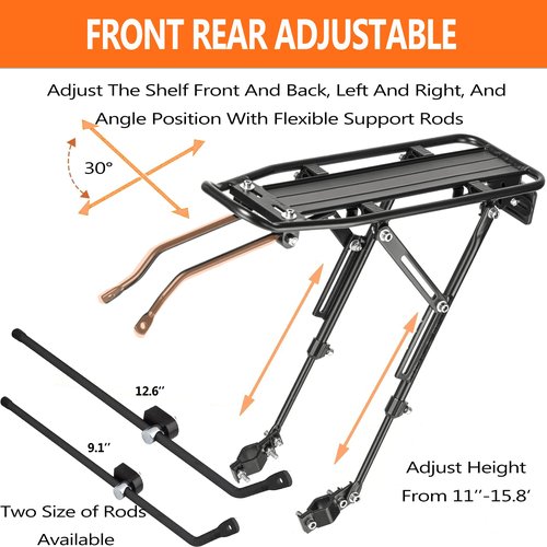 YONTUO Rear Bike Rack with Large Size Reflective,Bike Cargo Rack with Extra Long Mounting Brackets,Universal Adjustable Touring Carrier Rack,Large Capacity Bike Pannier Rack