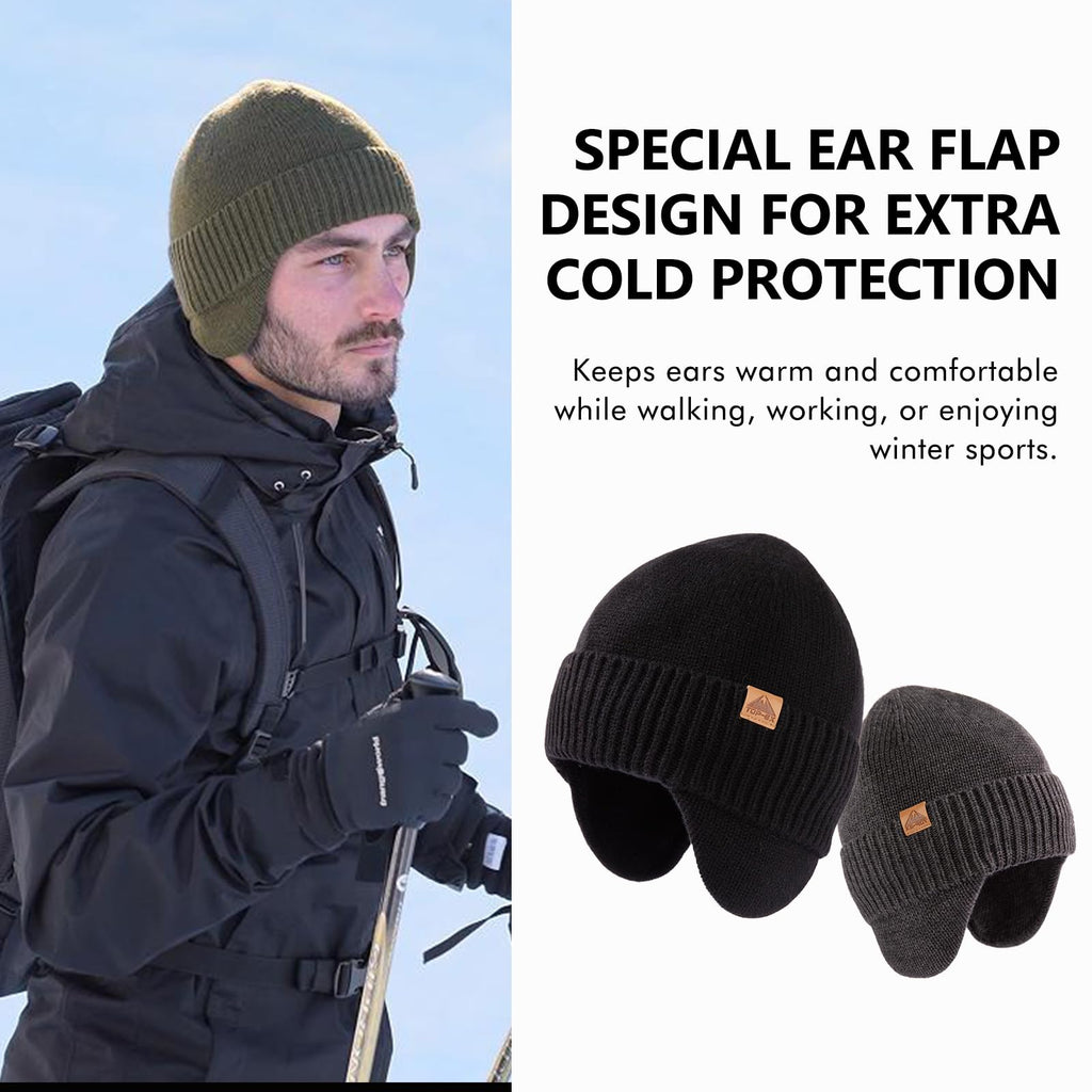 TOP-EX XL/XXL Merino Wool Waterproof Beanie for Men Women with Ear Flap Winter Fleece Lined Beanie Outdoor Skiing Hat Black M/L