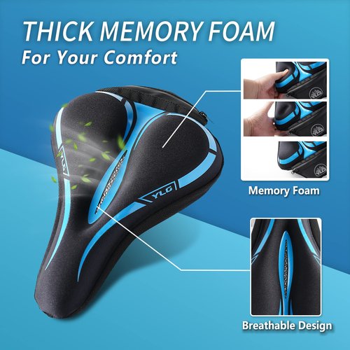 YLG Bike Seat Cover, Memory Foam & Gel Bike Seat Cushion Cover for Men & Women, Comfortable Bicycle Seat Cover for Peloton/Fixed/Cruiser/Indoor/Outdoor Bike seat with Waterproof Cover