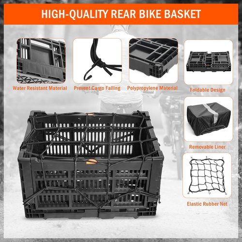 BEEYEO Bike Basket Rear,Foldable Rear Rack Bicycle Basket,Collapsible Bike Baskets with Mesh Pocket Waterproof Cover for Adult Bikes,Milk Crate Bicycle Storage Carry for Pets Fruit Shopping Outings