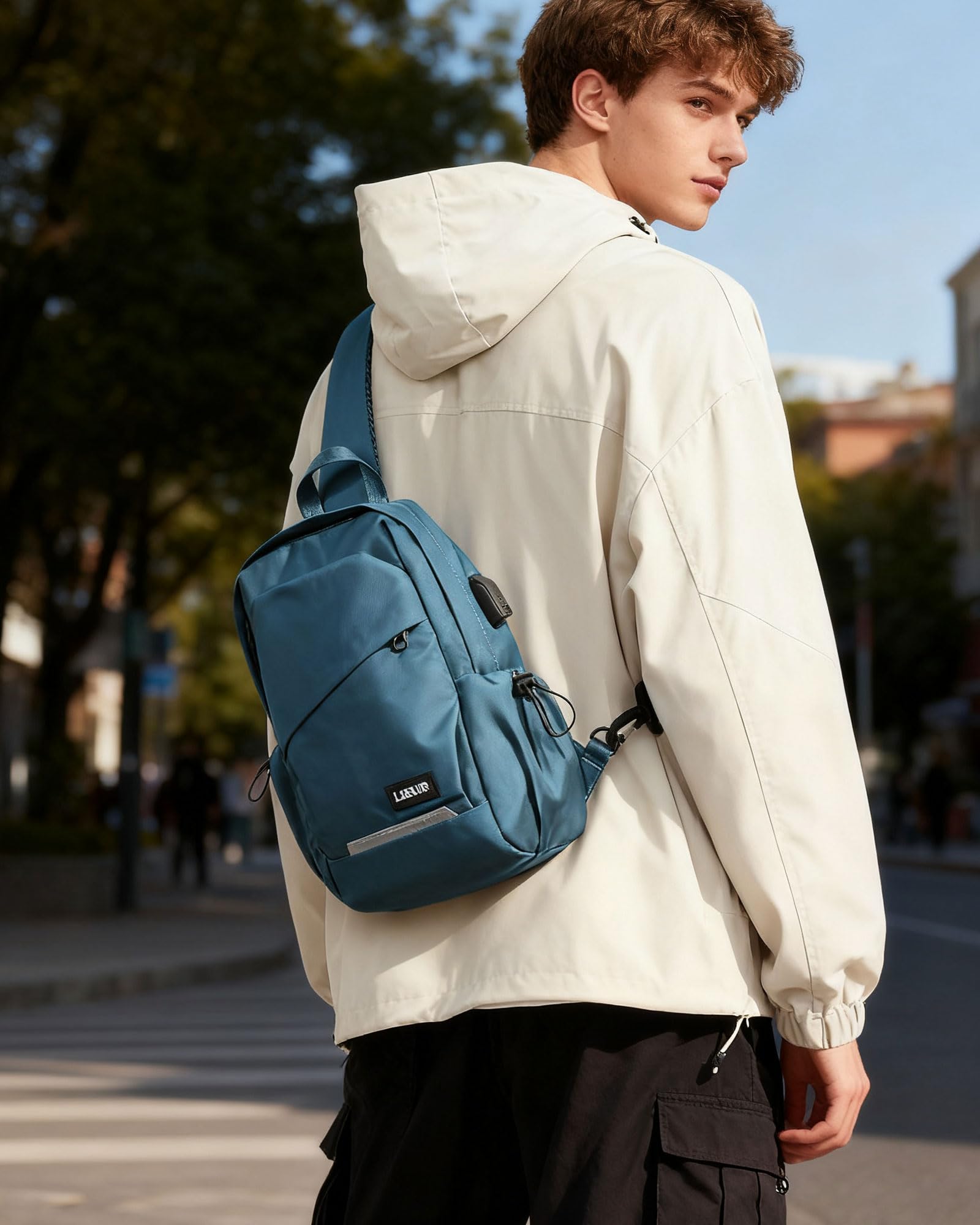 Small Sling Bag for Men Women - Lightweight Crossbody Backpack, Multipurpose Shoulder Bag, Compact Chest Daypack for Travel Hiking Gym Sport with USB Charger Port Peacock Blue