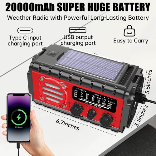 20000mAh Emergency Radio - Solar Powered NOAA/AM/FM Weather Radio with Hand Crank & Flashlight