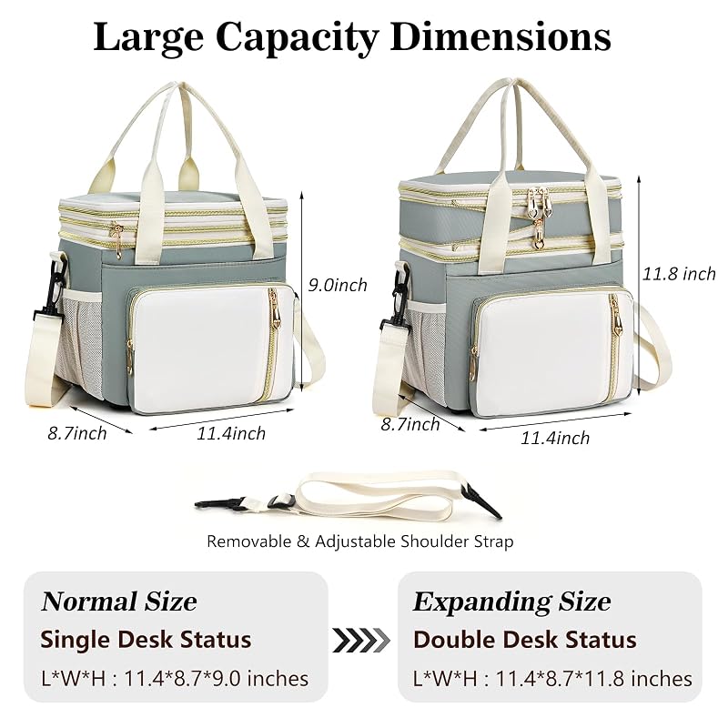 Expandable 16L Insulated Lunch Bag for Women - Double Deck Leakproof Cooler Tote (Olive Green)