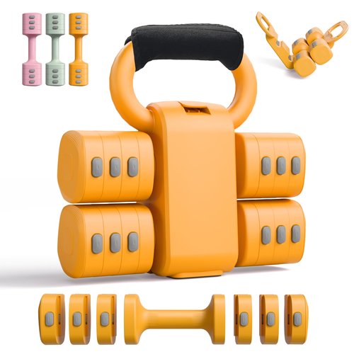 2-in-1 Adjustable Dumbbells & Kettlebell Set, 4 Levels Weight Quick Change(2.2 3.3 4.4 5.5 lbs), for Women Home Gym Exercise Training, with Complimentary Non-slip Touch Fastener, Yellow.