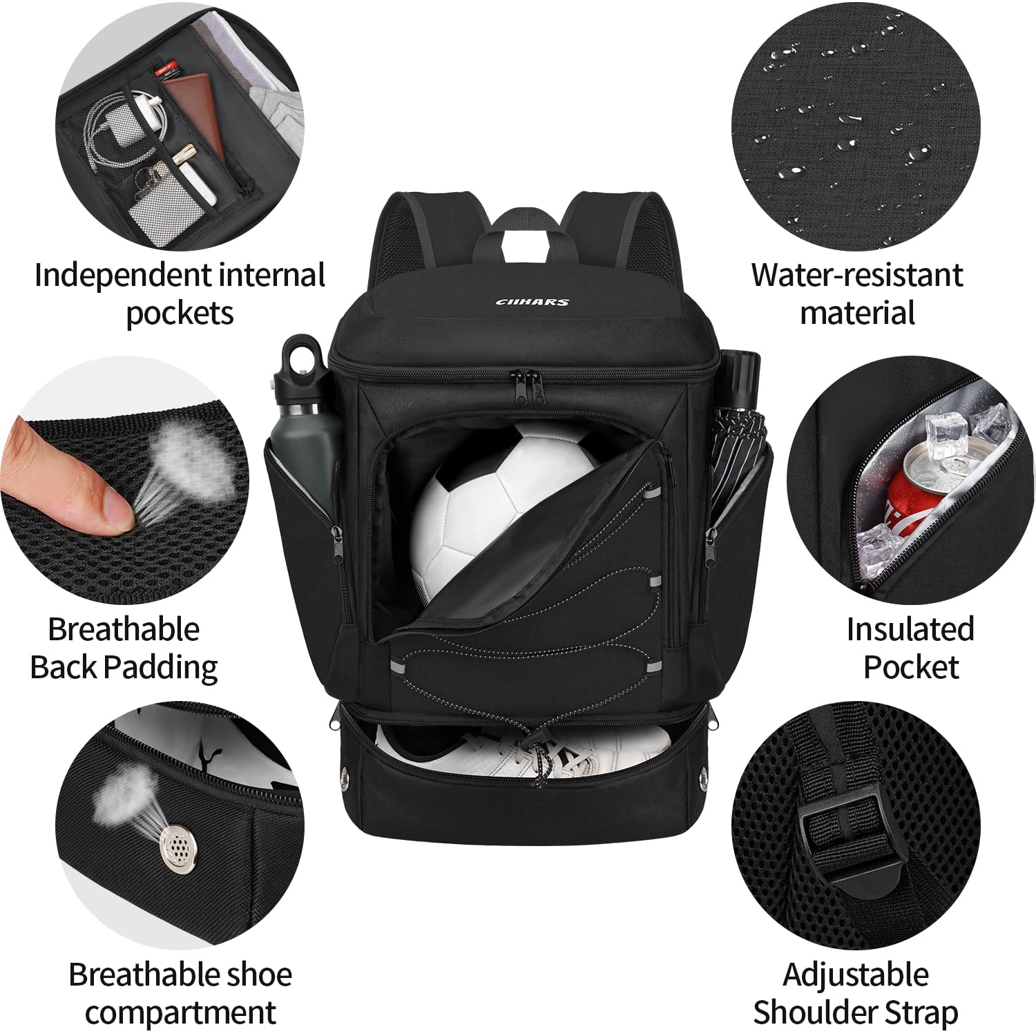 Ciihars Soccer Bag - Soccer Backpack with Ball Holder,Sport Equipment Bags gifts for soccer stuff Water resistant Includes Separate Cleat Fit Basketball Volleyball Football