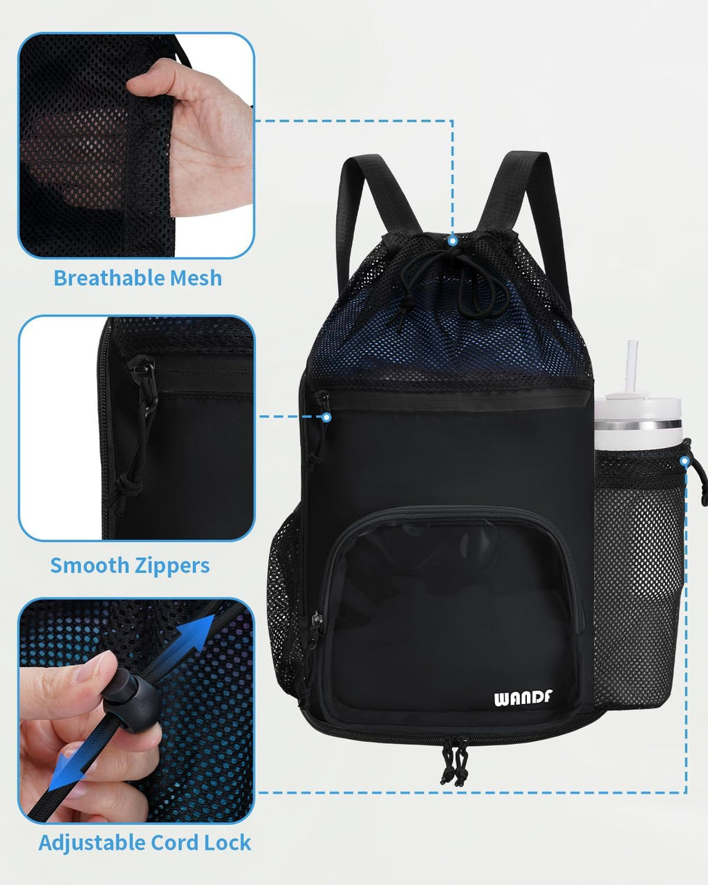 WANDF Swim Bag - Sandproof Beach Backpack with Wet Pockets & Tumbler Side Pockets | Black