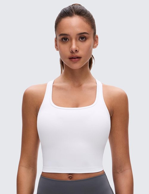 CRZ YOGA Butterluxe Racerback Crop Tank Tops - Padded Y-Back Longline Sports Bra for Yoga & Workouts
