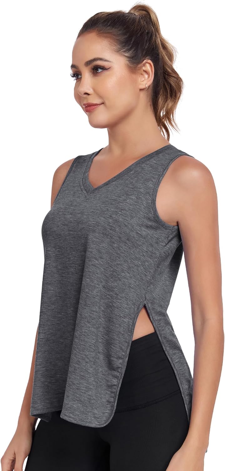 Skiennix Women's V-Neck Workout Tank Tops - Sleeveless Yoga & Running Shirts with Side Split