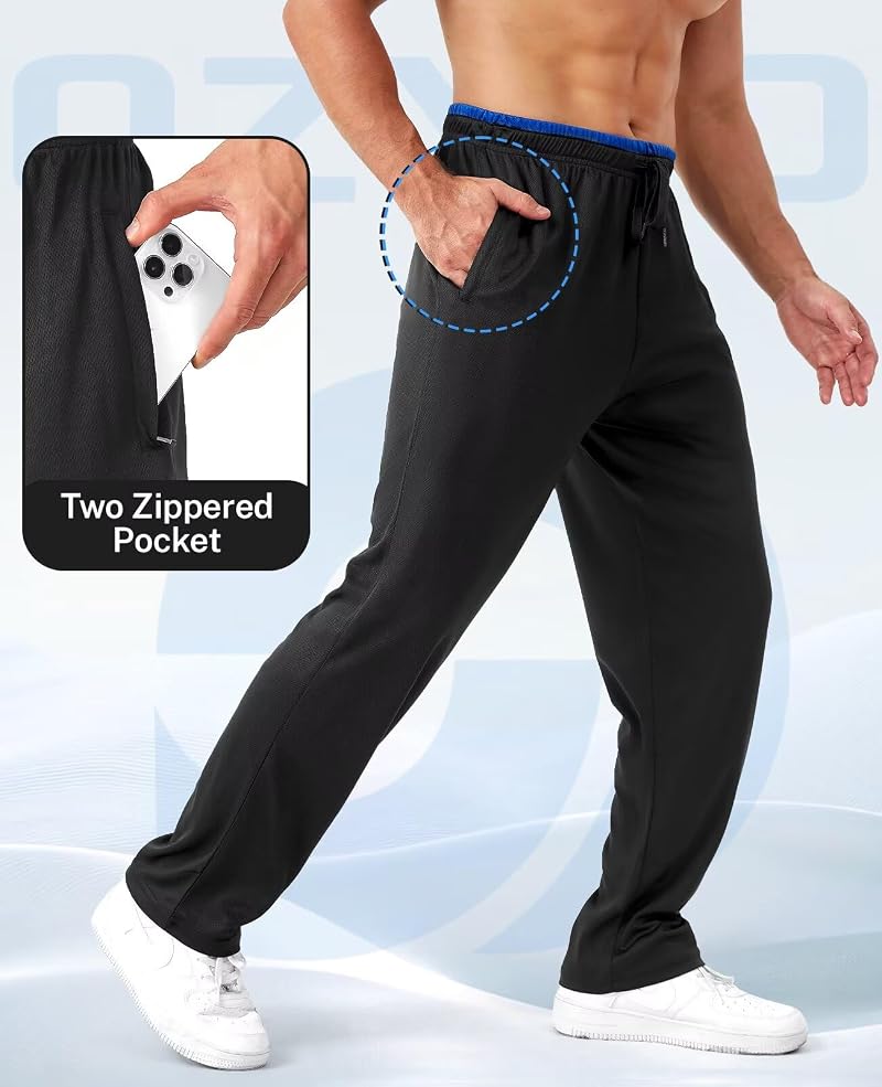 Mens Joggers 5 Pack with Zipper Pockets Open Bottom Mesh Athletic Pants for Running & Workout - Includes Black, Dark Gray, Light Gray