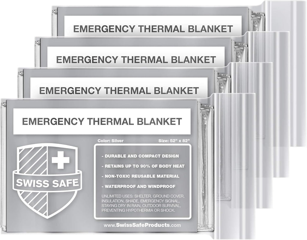 Swiss Safe Mylar Emergency Blankets - Compact & Insulated for Cold Weather | 4 Pack, Silver