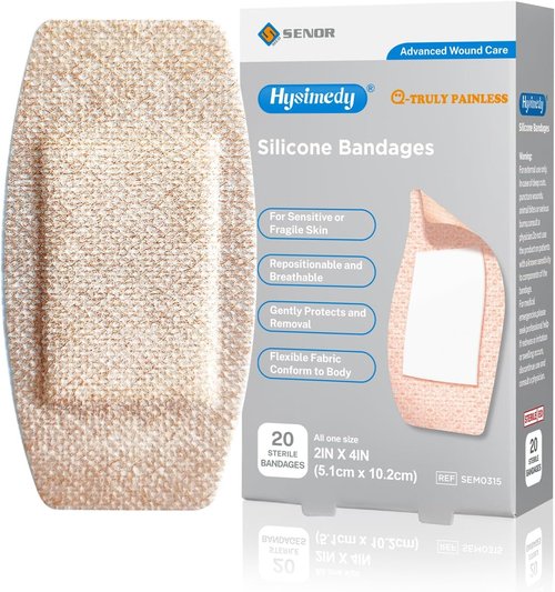 Hysimedy Silicone Adhesive Bandages - Large 2"x4" Flexible Fabric | Hypoallergenic & Latex-Free for Sensitive Skin (20 Count)