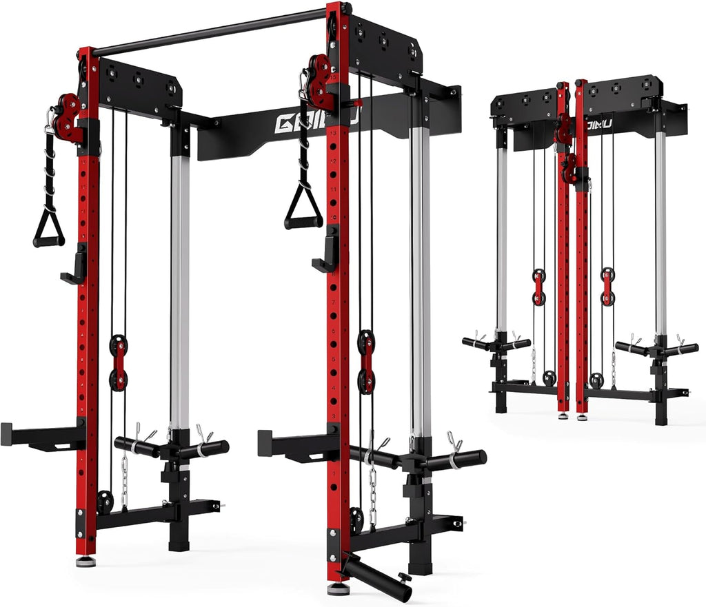 WM3-V4 Folding Squat Rack - Wall Mounted Power Rack with Dual Pulley System & 5 Adjustable Modes