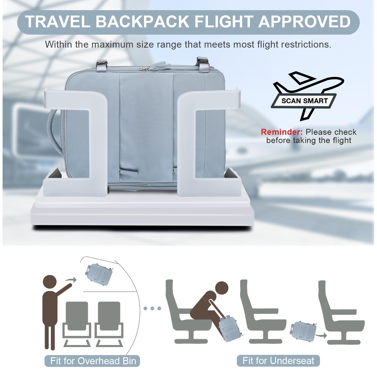 Large Travel Backpack Carry on Flight Approved Mochila De Viaje Carry on Backpack for Airplanes Spirit Airlines Personal Item Bag 18x14x8 Inches Travel Bag Traveling Backpack for Women Men Grey Blue