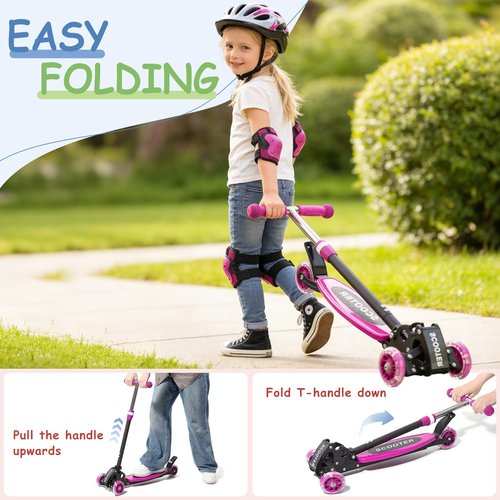 HOSKO Kick Scooter for Kids 2-7 Age， Light up 3 Wheels Kick Scooter, Heavy Duty Folding Lean-to-Steer Scooters with 3 Adjustable Handlebar for Boys Girls Pink