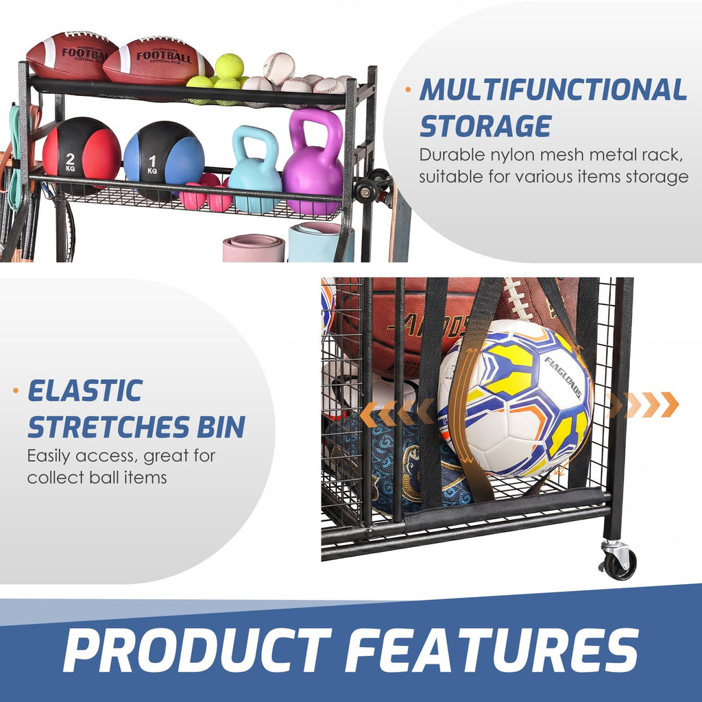 PLKOW Sports Equipment Organizer - Garage Storage Rack with Basket and Hooks, Garage Ball Storage for Toy and Sports Gear, Black