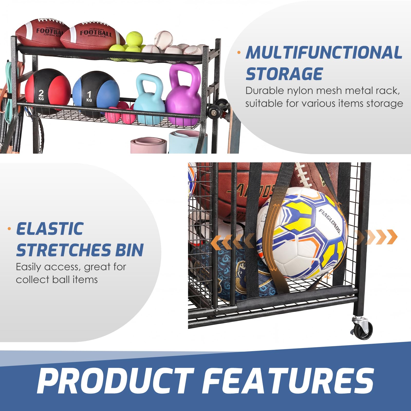 PLKOW Sports Equipment Organizer - Garage Storage Rack with Basket and Hooks, Garage Ball Storage for Toy and Sports Gear, Black