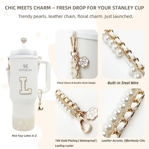 BydGxy Stanley Cup Accessories Set for 30oz 40oz Tumbler, with Handle Strap, Anti-Spill Plug, Boot, Straw Cover, Cute Letter Charms, No-Residue Initial Sticker, Fits Pink Purple White Stanley Cups (A)