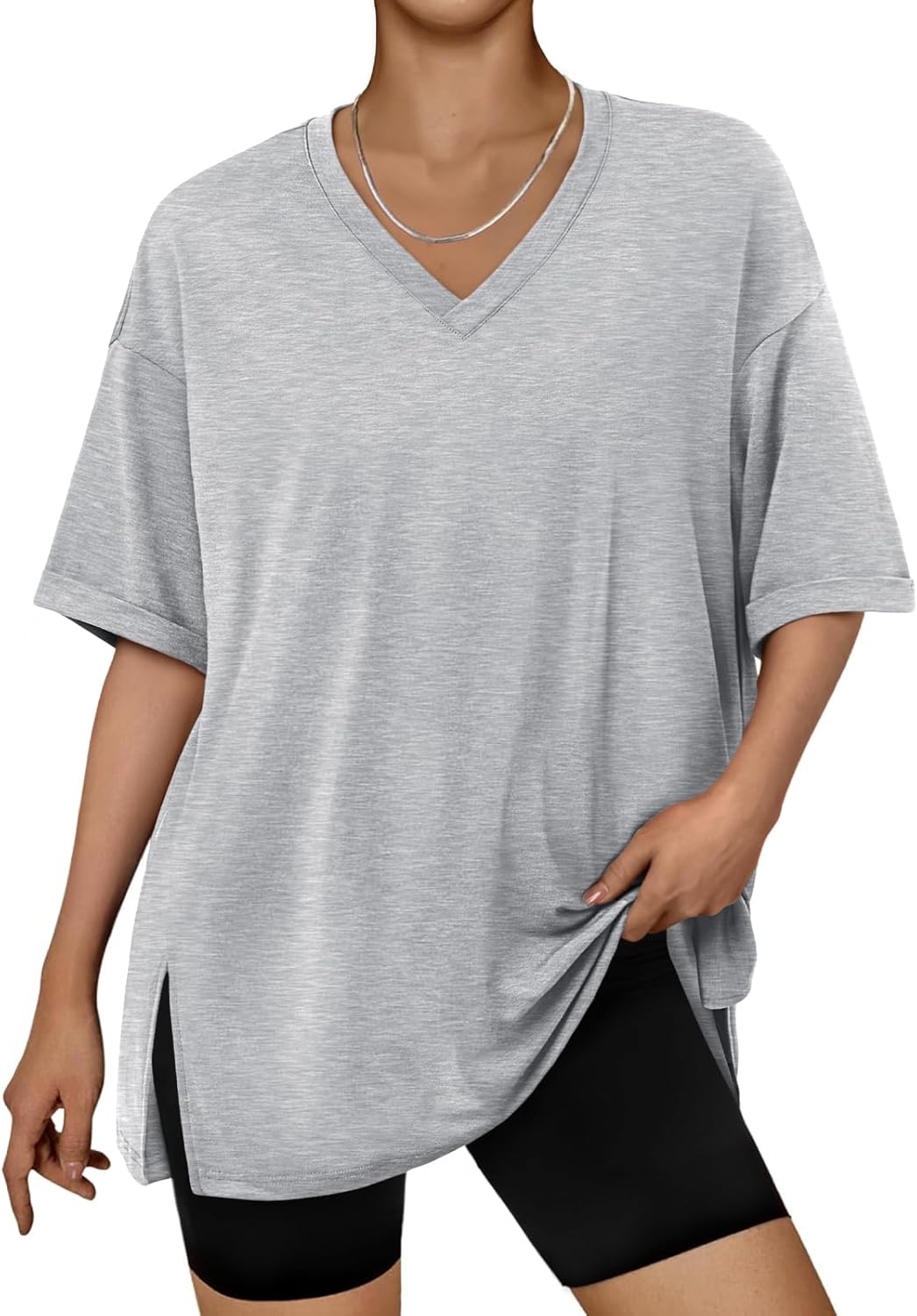 Trendy Queen Plus Size Oversized V-Neck T-Shirt - Breathable Elastic Fabric for Gym & Casual Wear