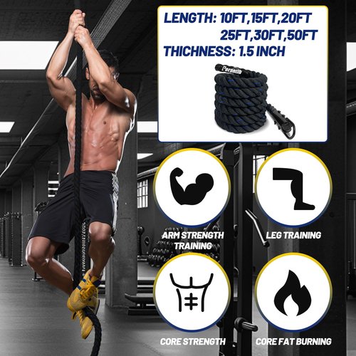 100% Polyester Climbing Rope with Hooks - Heavy Duty 1000LBS Load Capacity, 1.5inch Diameter, 10,15,20,25,30,50ft Length for Outdoor Rock Climbing, Rescue & Escape (10ft)