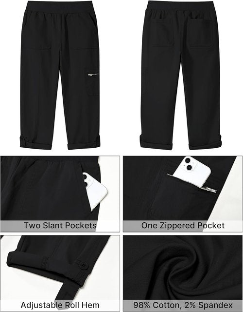 GRAPENT Capri Cargo Pants - High Waisted, Stretch Twill with Pockets | Comfortable Fold Hem Design