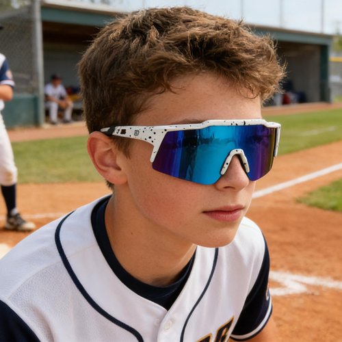 DUCO Kids Sunglasses Youth Baseball Sunglasses for Boys Girls Softball Sports Sun Glasses UV Protection DK326 (White Frame Black Dots Blue Lens)