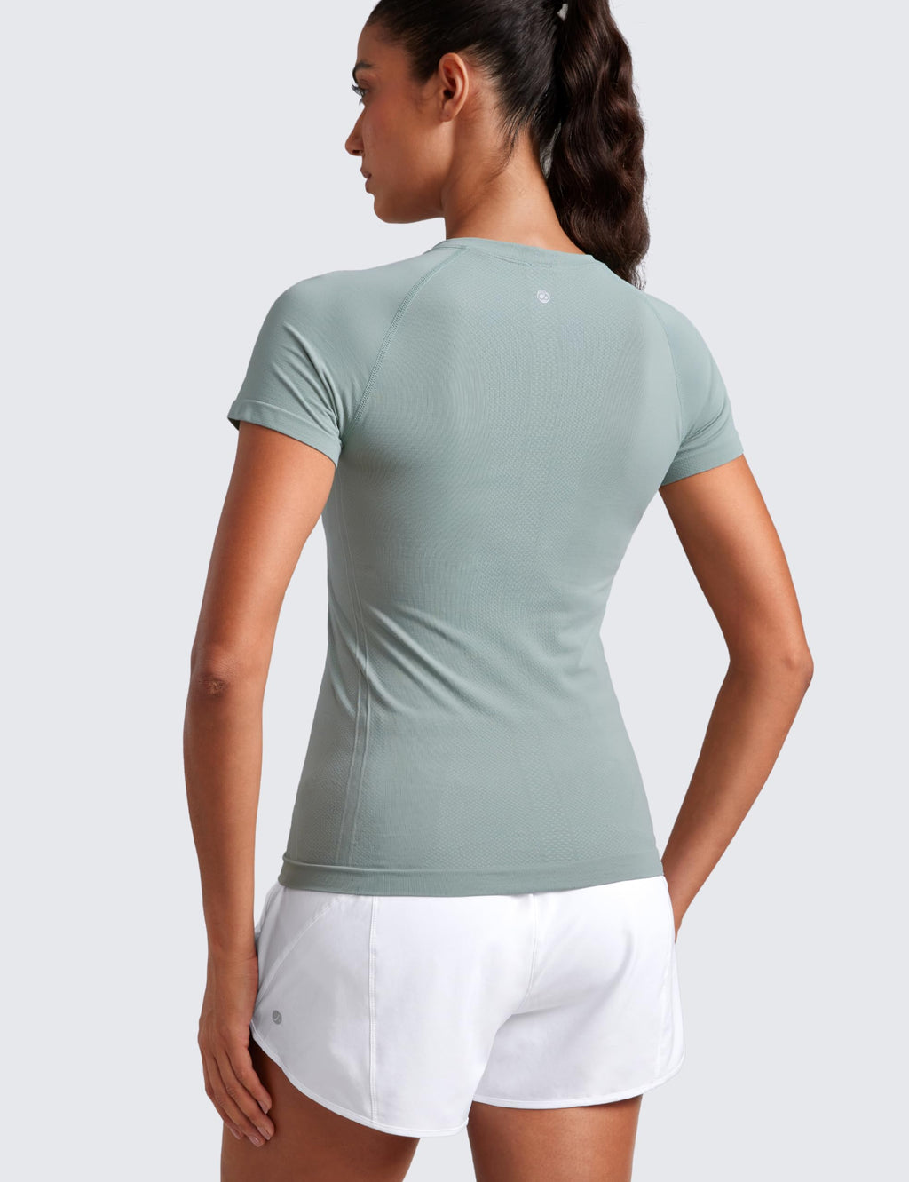 CRZ YOGA Seamless Workout Tops for Women Hip Length - Athletic Running Gym Yoga Short Sleeve Shirts Breathable Crewneck Tees Green Palm Court Small