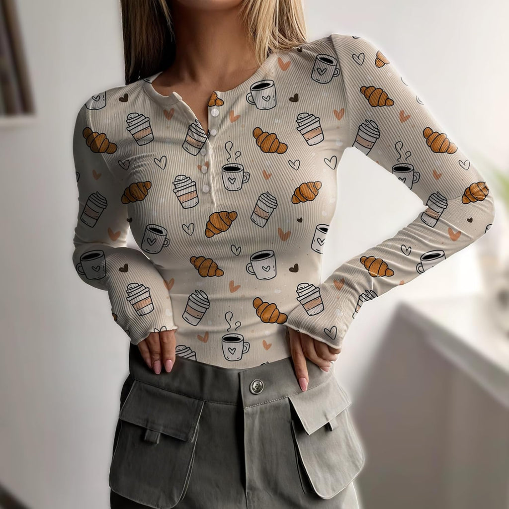 Skiennix Long Sleeve Shirts for Women - Trendy Y2K Print Henley Tops in Slim Fit Ribbed Knit
