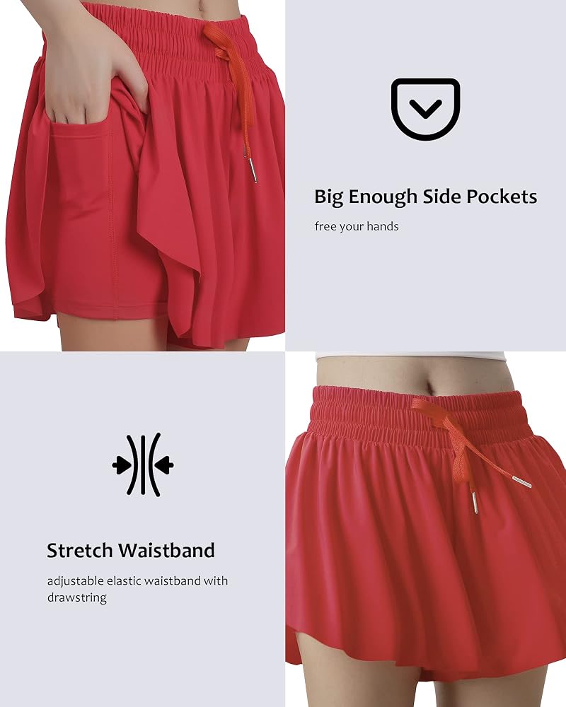 HASMES Girls Butterfly Shorts 2-in-1 Flowing Athletic Shorts Red 7-8Y