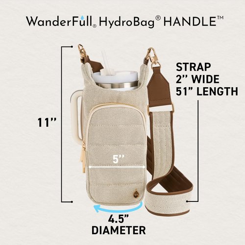 WanderFull Original HydroBag HANDLE®, Zipper for Handle, 40 oz Water Bottle Holder w/Strap, Crossbody Carrier Bag w/Phone Pocket, Tumbler Accessories - Oatmeal Canvas w/Vegan Leather Trim Strap