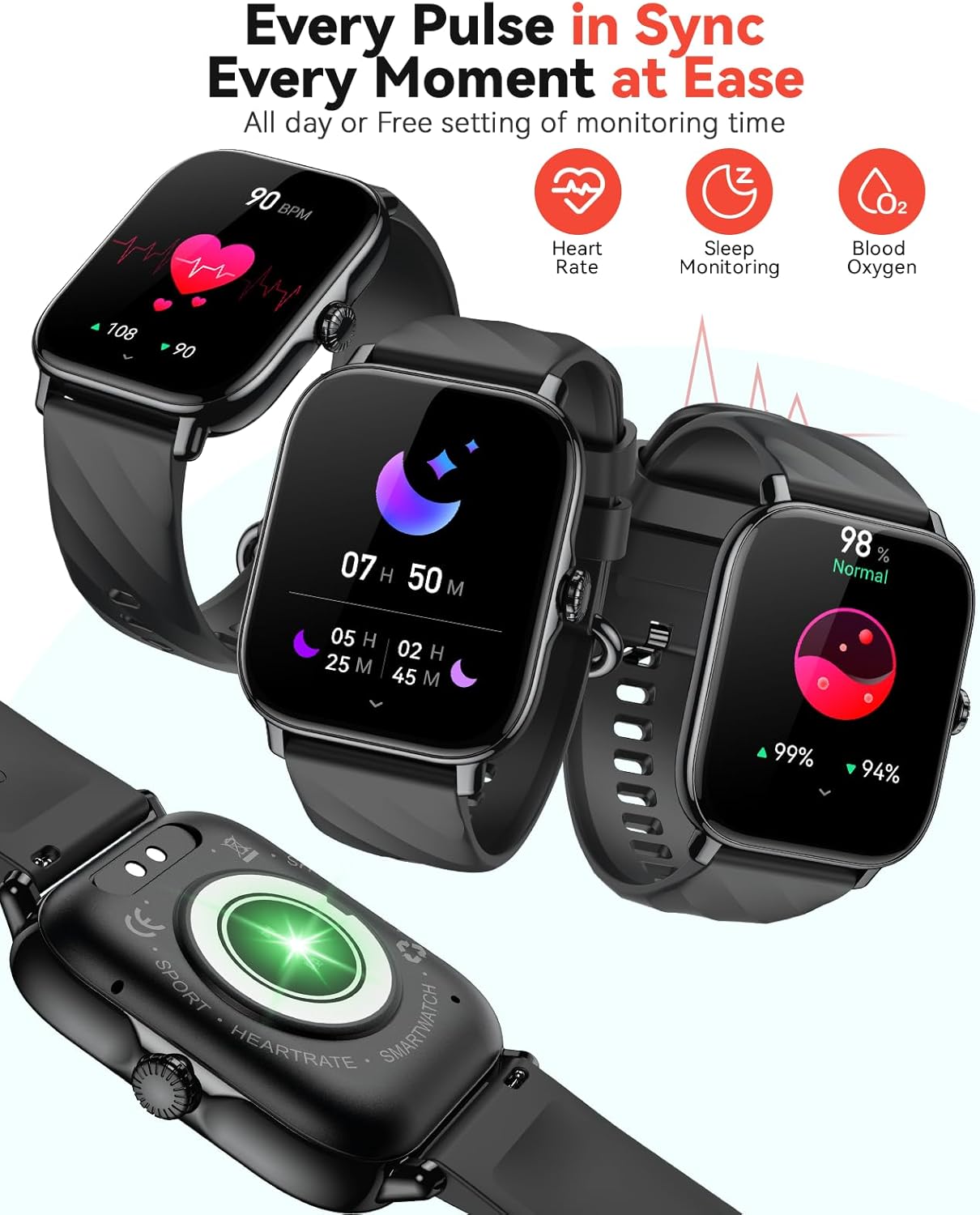 Smart Watches Fitness Tracker for Women Men with Step Counter, Sleep Calorie Monitor, Pedometer, IP68 Waterproof, Smartwatch with 120+ Sports for iPhone Android (Black)