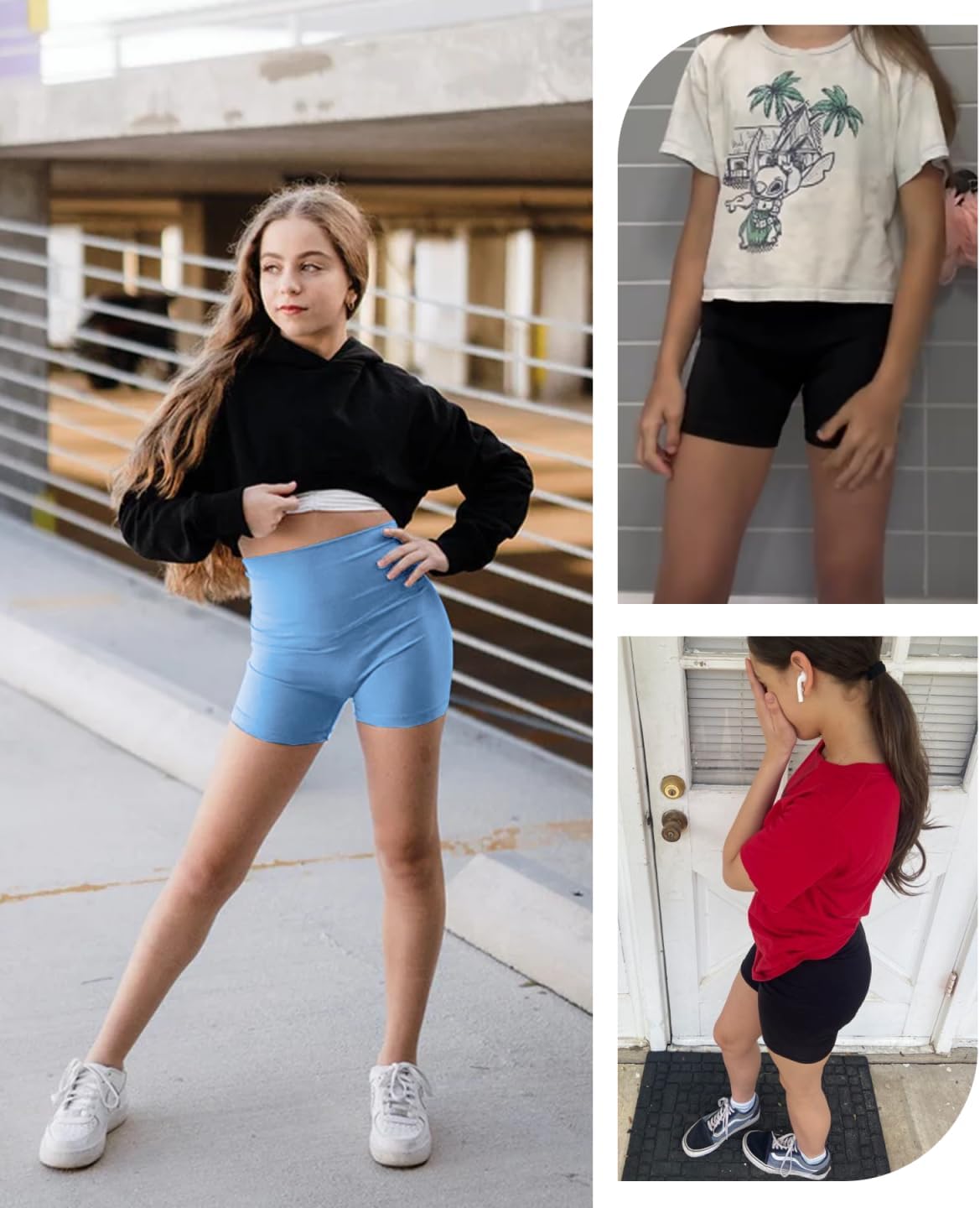 Skiennix Girls' High Waisted Biker Shorts - Stretchy Athletic Workout Shorts for Kids & Teens