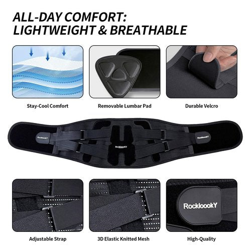 RockloookY Lower Back Brace for Women Men, Adjustable Lumbar Support with Ergonomic Metal Stays for Work,Lifting,Drive,Fitness, Breathable Fabric Support Belt with 3D Pad,Black,Size XXL,Waist 52"-62"
