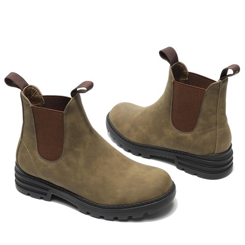 Cestfini Women's Low Heel Chelsea Boots Round Toe Elastic Ankle Booties Ladies Casual Slip On Leather Shoes 8.5, Khaki