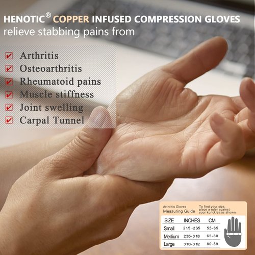 HENOTIC 2 Pairs Copper Arthritis Gloves for Women Men, Touch Screen Anti-Slip Arthritis Compression Gloves for Relieving Carpal Tunnel Aches, Rheumatoid Pains, Joint Swell