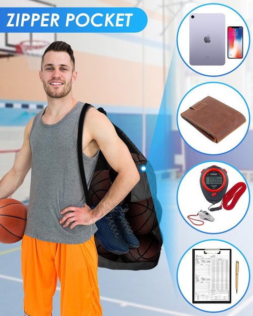 BROTOU Heavy Duty Soccer Ball Net Bag - Extra Large 100L Capacity for 10-12 Balls | Drawstring Mesh with Zipper Pocket