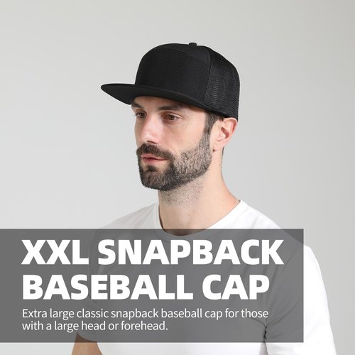 BAOPLAYKIDS Oversize XXL Blank Flatbill Mesh Snapback Cap Black 2XL Flat Bill Hats for Men Big Head 6 Panel