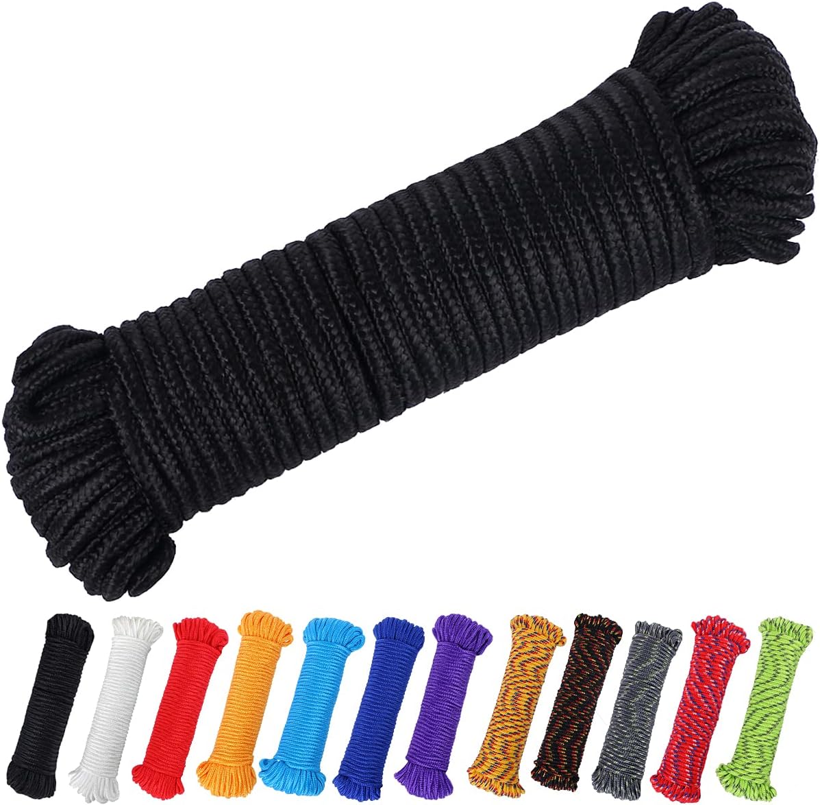Skiennix 90 ft Polyester Rope - Durable 1/4 Inch Nylon-Like Utility Line for Camping & Climbing (Black)